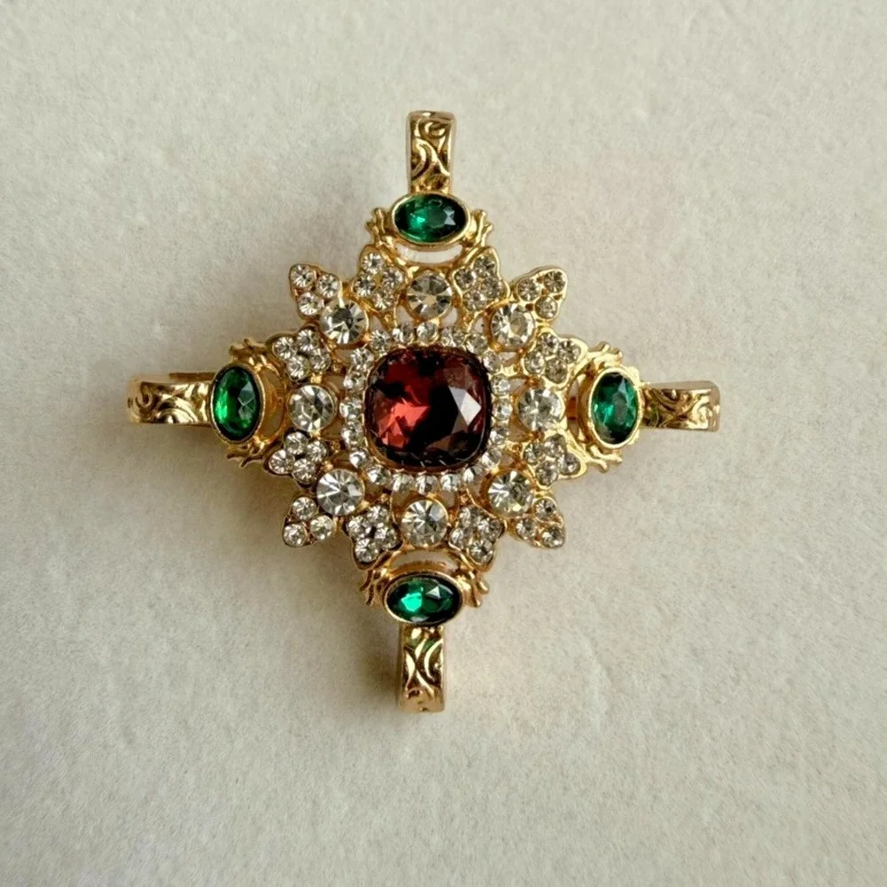 Red Green Rhinestone Maltese Cross Style Brooch Gold Tone Statement Pin